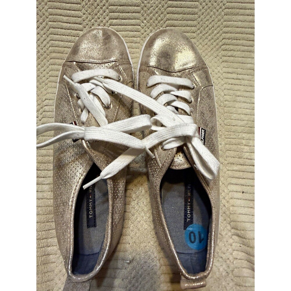 Tommy Hilfiger Womens Gold/White Lace-Up Sneakers Logo Accent US 10 EU 43